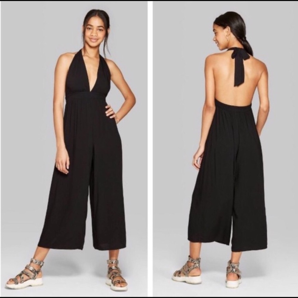 Wild Fable Black Deep V Neck Halter Tie Jumpsuit